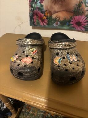 CROCS Kids' Black Glitter Clogs with Fun Jibbitz Charms